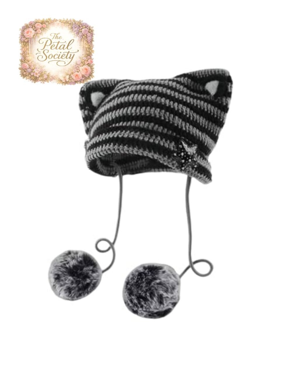 Kawaii Cat Ear Beanie Hat with Star Pom Poms Y2K Cute Crochet Slouchy Knit